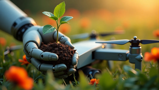 A robot hand gently cups a small mound of soil with a green sprout while a quadcopter drone sits behind it in a field of flowers. AI as guardian, not weapon