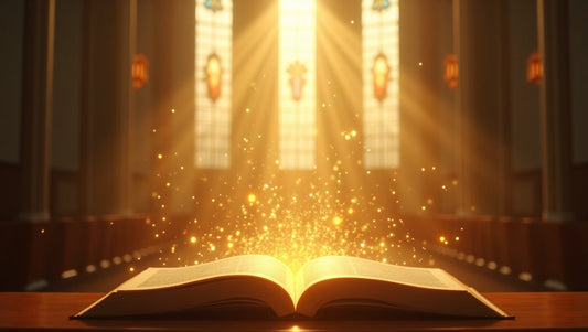 A luminous cathedral interior with warm light and an illuminated open book