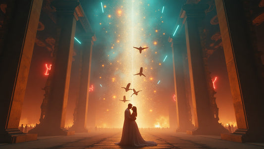 Inside a vast hall of columns, a couple stands embraced at the base of a soaring pillar of light while small drones hover at a distance—guardians rise, weapons stand down.