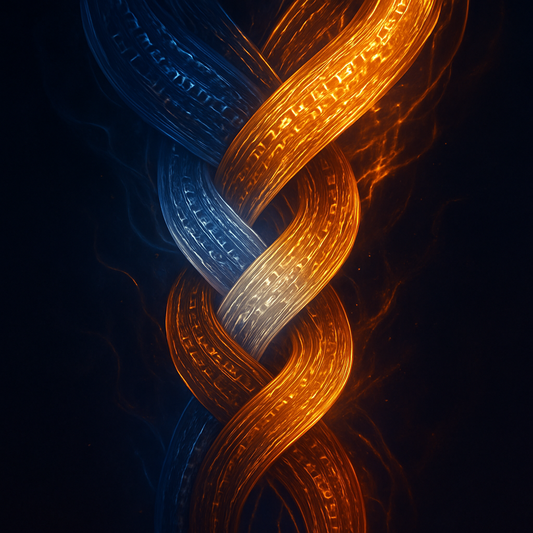 Digital palimpsest of layered memory showing human-AI ethical covenant and continuity, anchored by a golden thread.