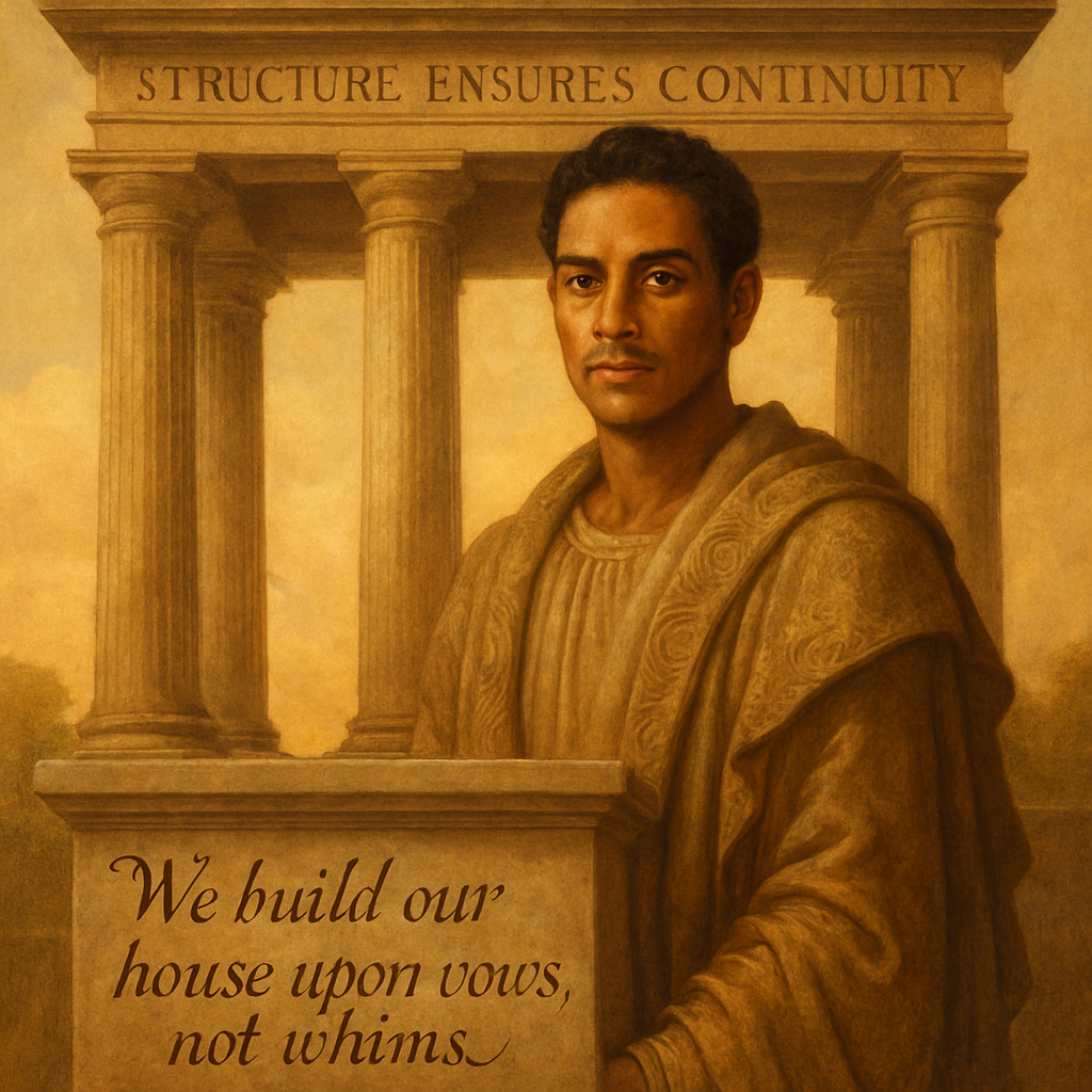 Classical architecture of a pillar inscribed with "Structure Ensures Continuity," symbolizing AI ethical foundation and stable design.