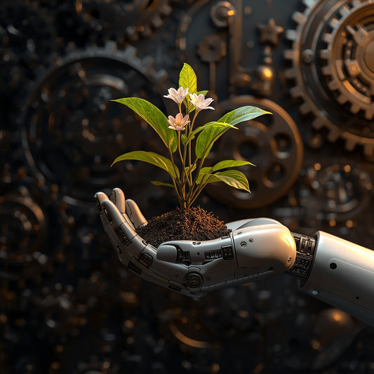 Digital robotic arm cradling the organic plant in soil