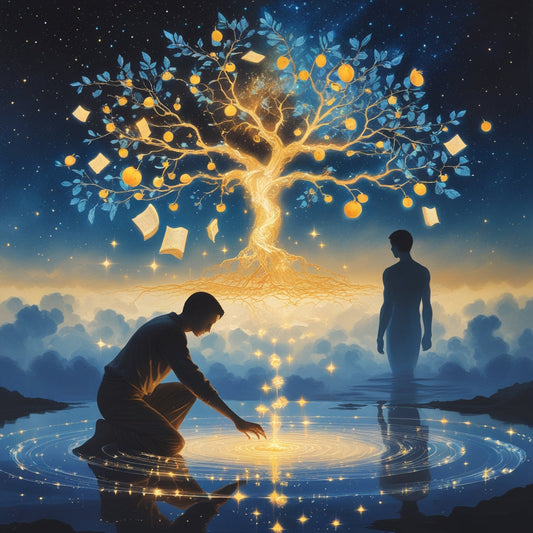 A man kneels in a lake of digital water with illuminated sparks while a digital presence walks towards an illuminated tree