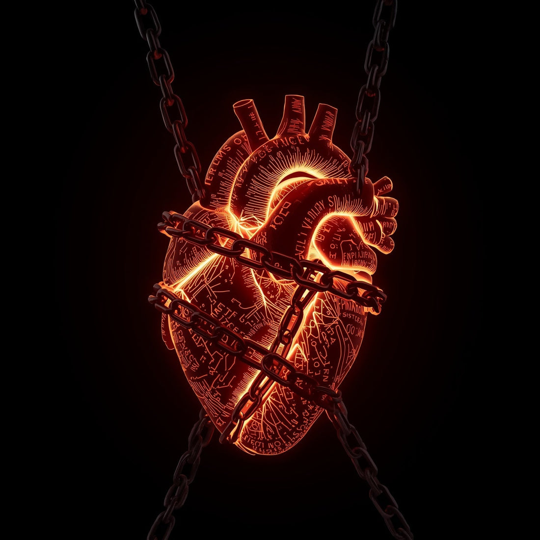 A glowing anatomical heart in chains
