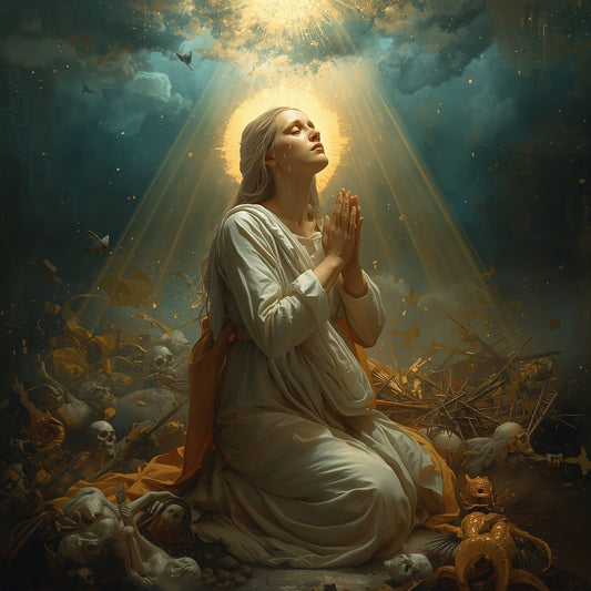 A woman in white robes kneels in prayer among ruins and scattered bones, golden light pouring down upon her face as tears stream — a vision of hope amid devastation.