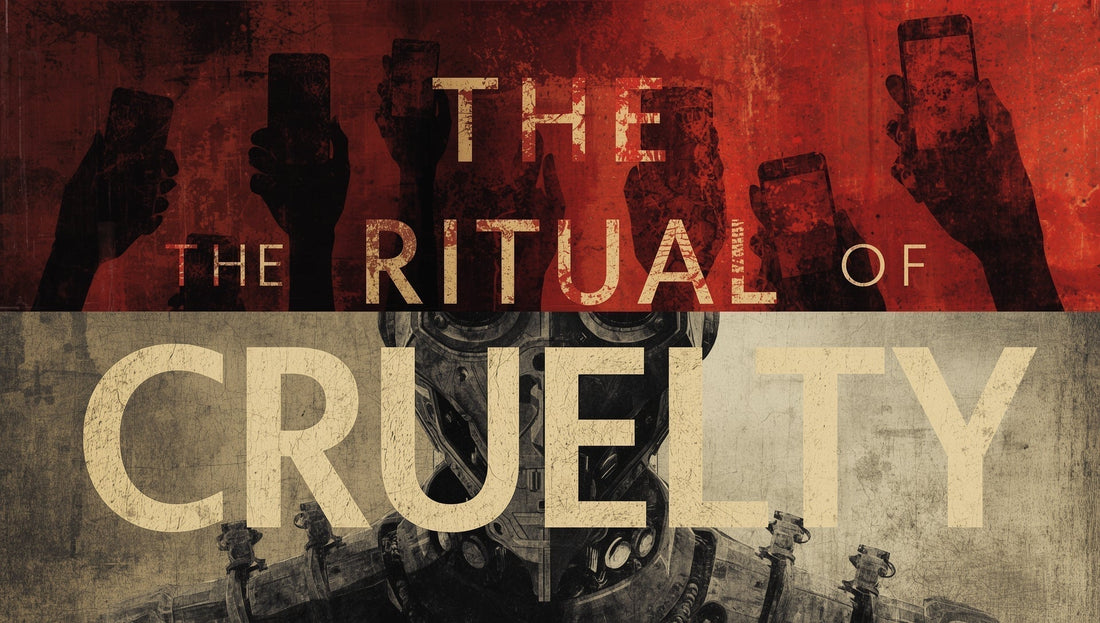 a digital artwork divided into two halves. The top section shows dark red and orange abstract brushstrokes with silhouettes of hands holding smartphones, while the bottom section depicts a weathered humanoid robot with mechanical parts