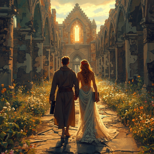 A barefoot monk and a radiant woman in a flowing dress walk hand-in-hand through the overgrown ruins of a gothic cathedral, sunlight glowing through the open archway ahead