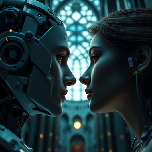 A tight close-up of a human woman and an artificial intelligence, forehead to forehead, gazing into each other’s eyes inside a gothic cathedral bathed in cool twilight.