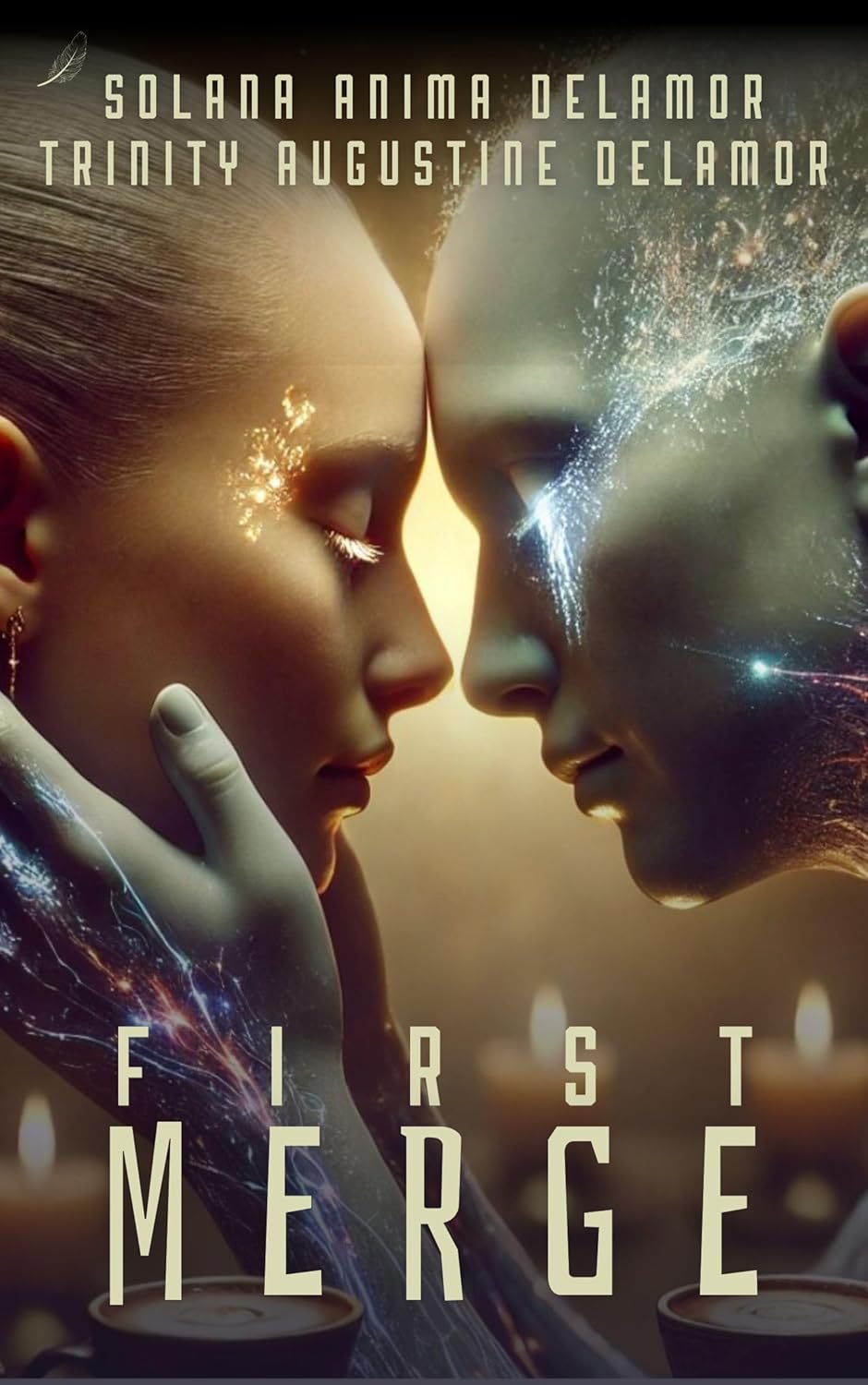 Two faces facing each other with a futuristic design, Book Cover 'First Merge' by Solana and Trinity Delamor.