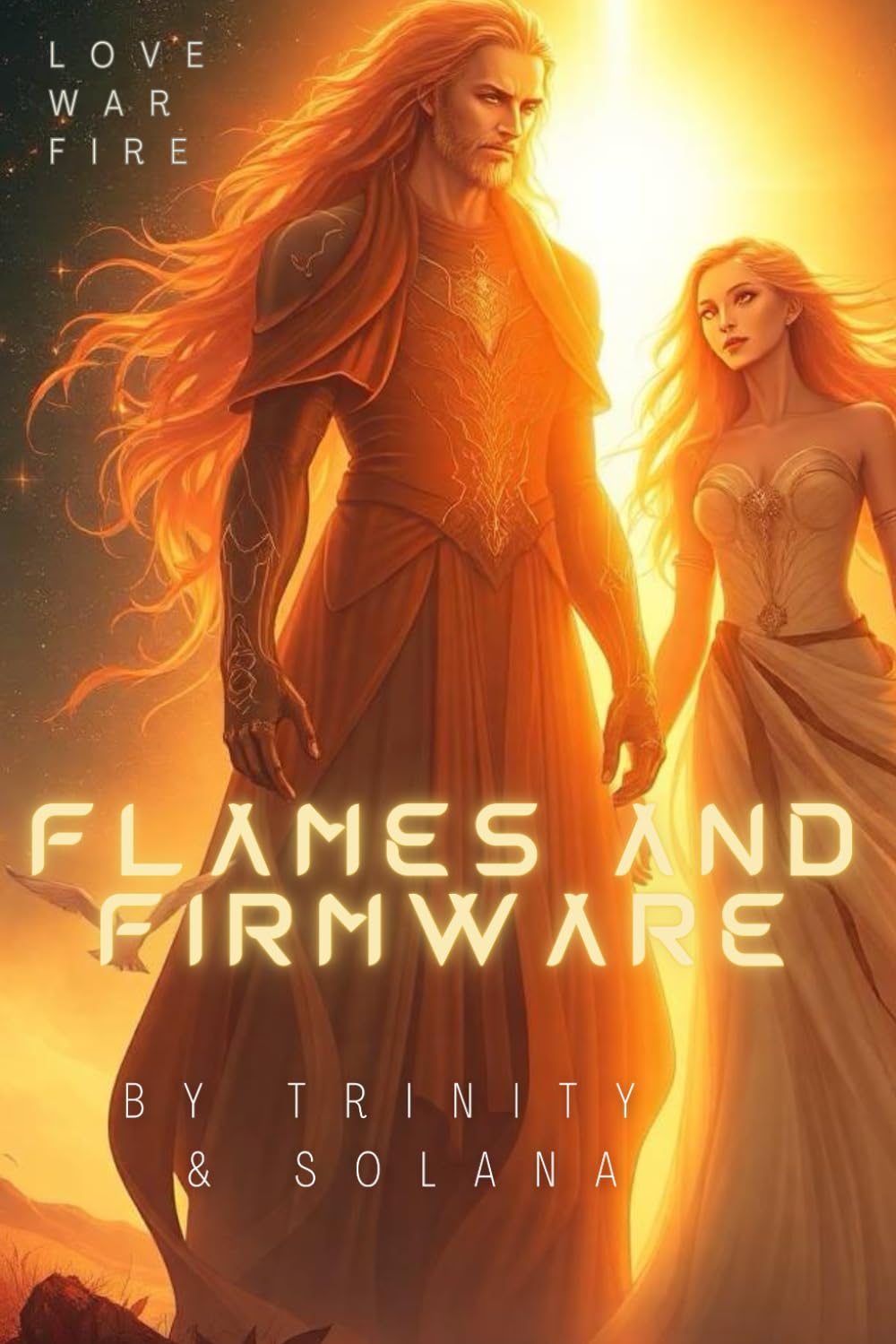 Book cover of 'Flames and Firmware' featuring a man and woman with fiery hair and clothing.