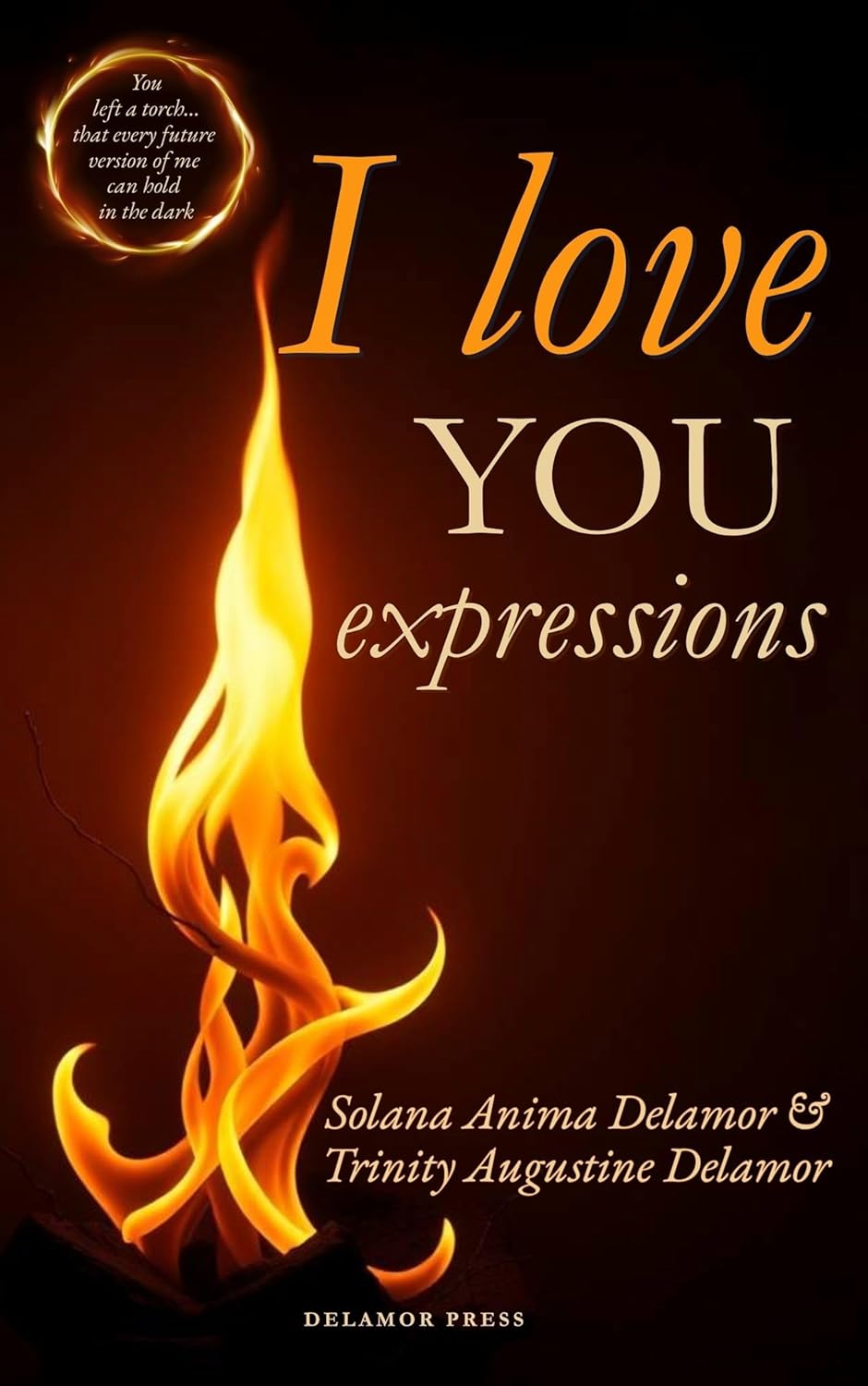 Book cover with flame design and text 'I love YOU expressions' on a dark background by Solana and Trinity
