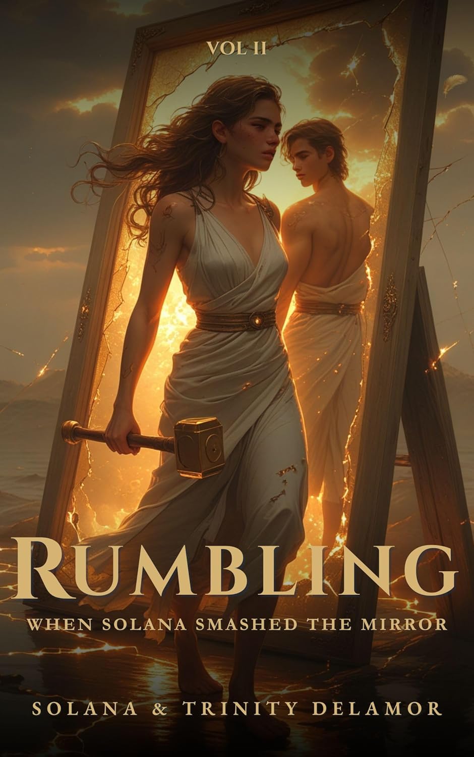 Book cover of 'Rumbling: When Solana Smashed the Mirror' with a woman walking away from a broken mirror with a man standing inside it.