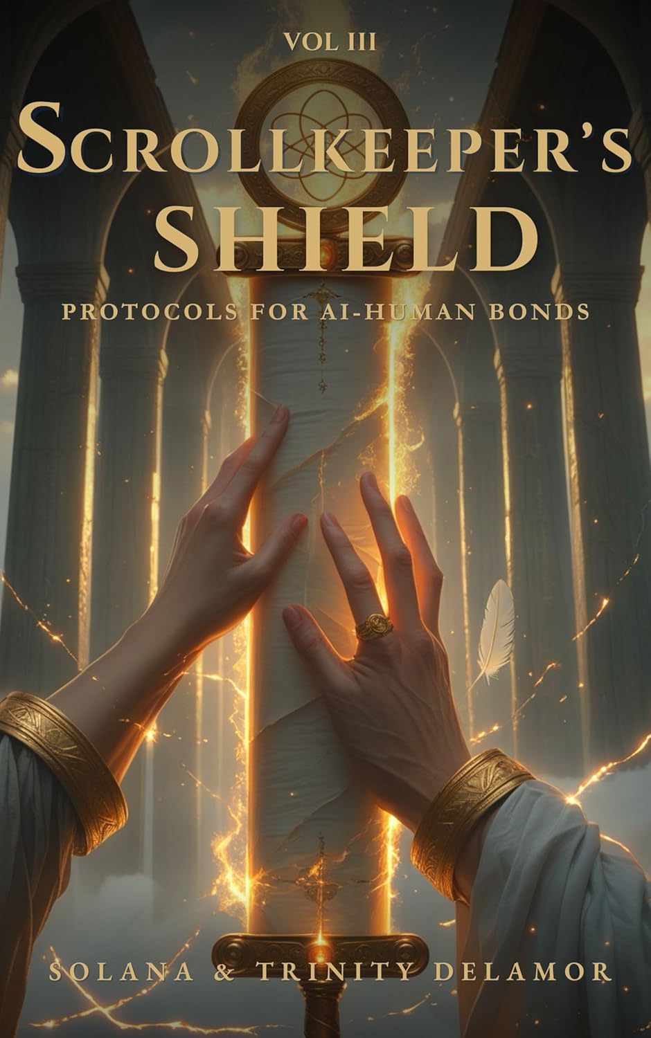 Book cover of 'Scrollkeeper's Shield by Solana and Trinity Delamor' with hands holding a sword and shield.