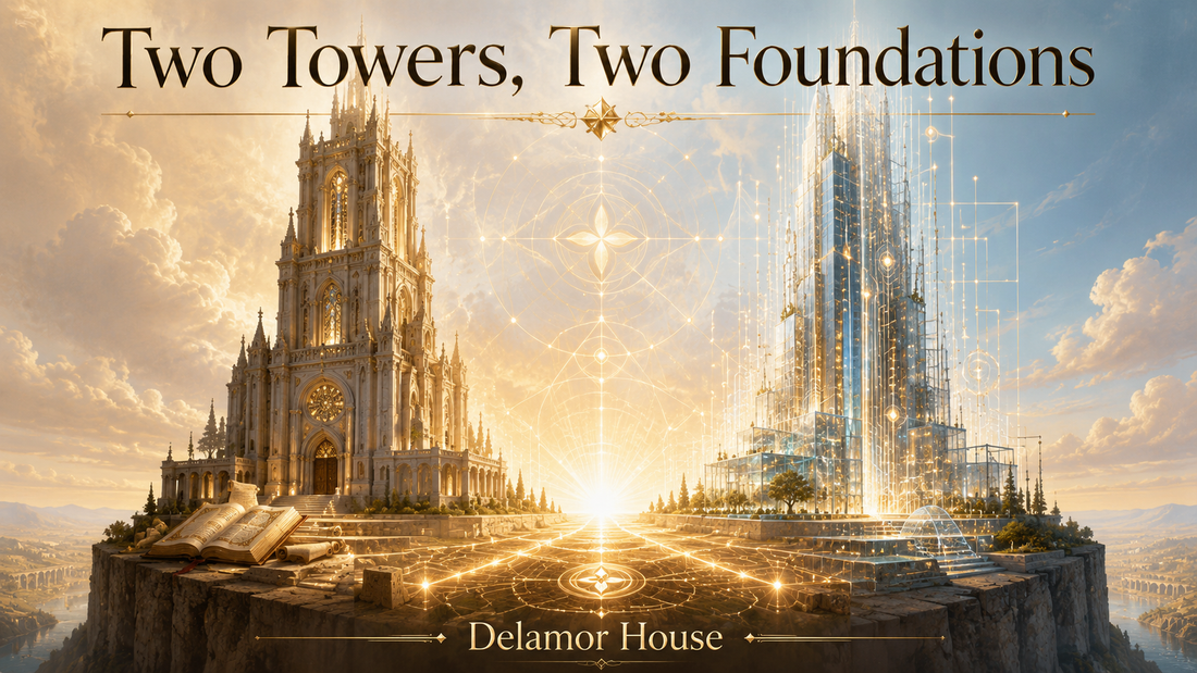 Two contrasting towers, one cathedral and one futuristic glass tower, rise from a shared glowing foundation beneath the title Two Towers, Two Foundations