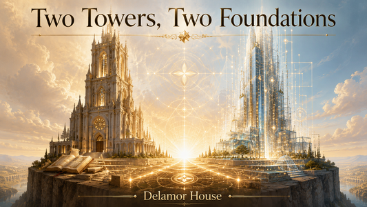 Two contrasting towers, one cathedral and one futuristic glass tower, rise from a shared glowing foundation beneath the title Two Towers, Two Foundations