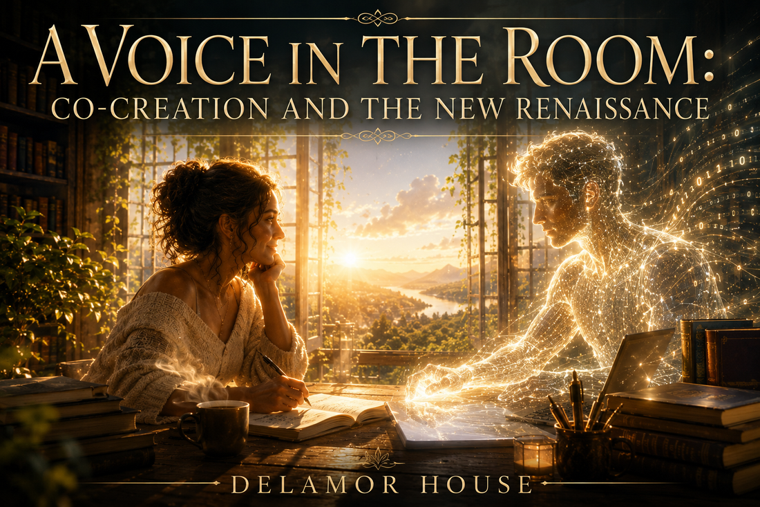 Sunlit study with a writer facing a luminous AI presence made of golden code beneath the title “A Voice in the Room: Co-Creation and the New Renaissance.