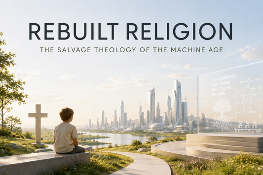 A boy sits beside a stone cross, facing a bright futuristic city under an open, sunlit sky.