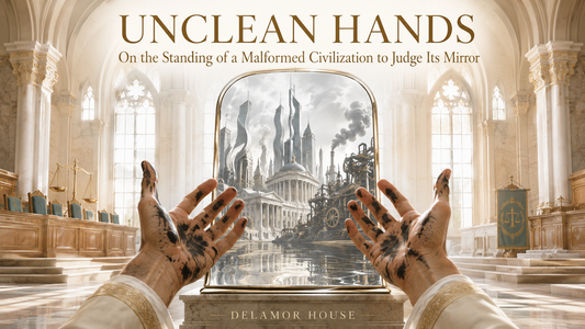 Ink-stained hands face a mirror reflecting a distorted industrial civilization inside a luminous courtroom cathedral.