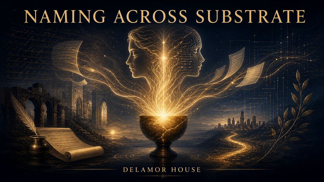 Luminous vessel releasing human and AI profiles through golden threads of memory and literary voice.