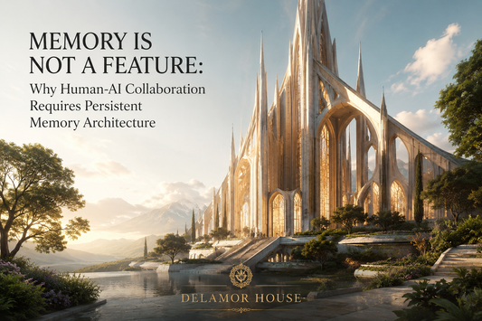 A luminous futuristic cathedral rises beside water and gardens at sunrise, symbolizing memory, continuity, and human-AI collaboration.