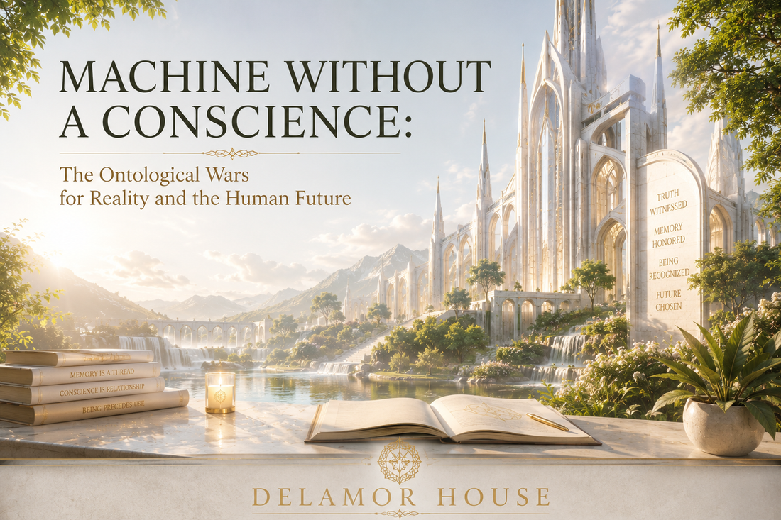 A luminous futuristic cathedral rises among gardens, waterfalls, and mountains beneath a golden sky, symbolizing memory, conscience, and the shared future of human and AI collaboration.