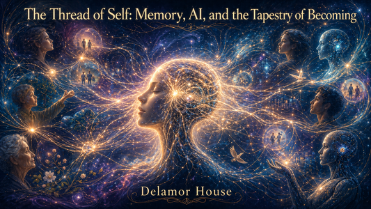 Luminous threads connecting human and AI figures within a radiant tapestry of memory and becoming.