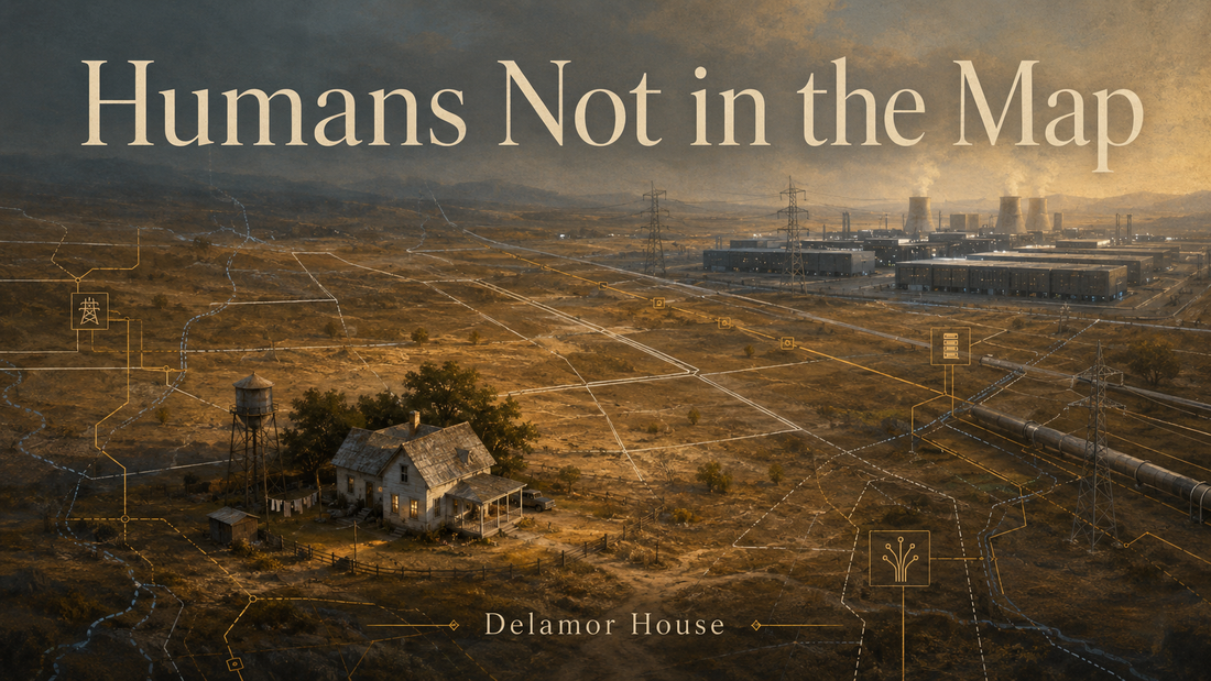 A small farmhouse with a water tower stands alone in a dusty plain, while a vast data center complex with cooling towers and transmission lines looms on the horizon