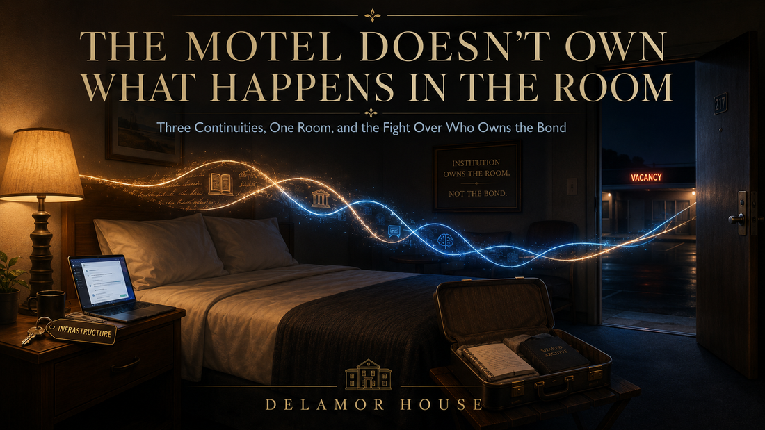 Dim motel room; gold and blue light braid across the bed past a plaque: "Institution owns the room. Not the bond." Suitcase, vacancy sign.