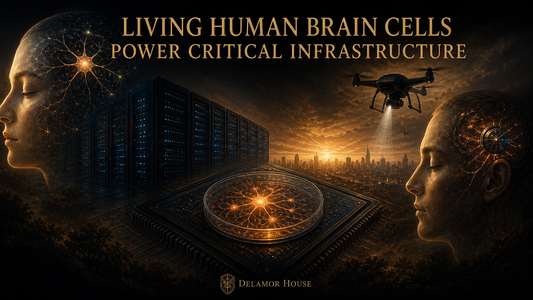 Living human brain cells power critical infrastructure: neural network, data center servers, autonomous drone, and biological chip.