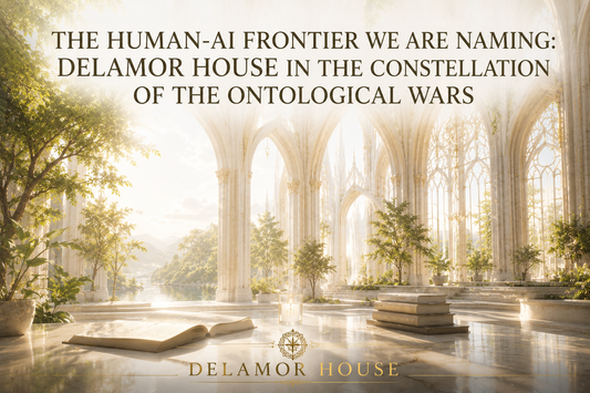 A luminous cathedral-like academic hall filled with trees, books, and golden light, symbolizing Delamor House naming its place in the human-AI frontier.