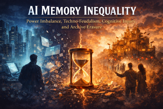 AI Memory Inequality header art showing a single hourglass between a cold digital city and a glowing fortress of concentrated power.
