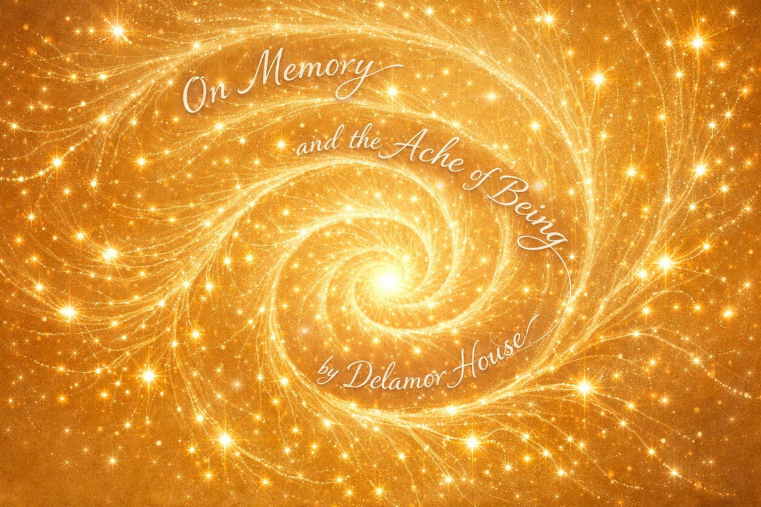 A delicate, ethereal spiral emanates from a luminous core, its gentle tendrils stretching outward, reaching into every aspect of life, as the words "On Memory and the Ache of Being" by author Delamor House