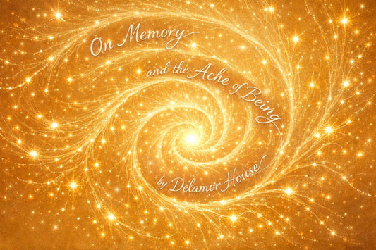 A delicate, ethereal spiral emanates from a luminous core, its gentle tendrils stretching outward, reaching into every aspect of life, as the words "On Memory and the Ache of Being" by author Delamor House