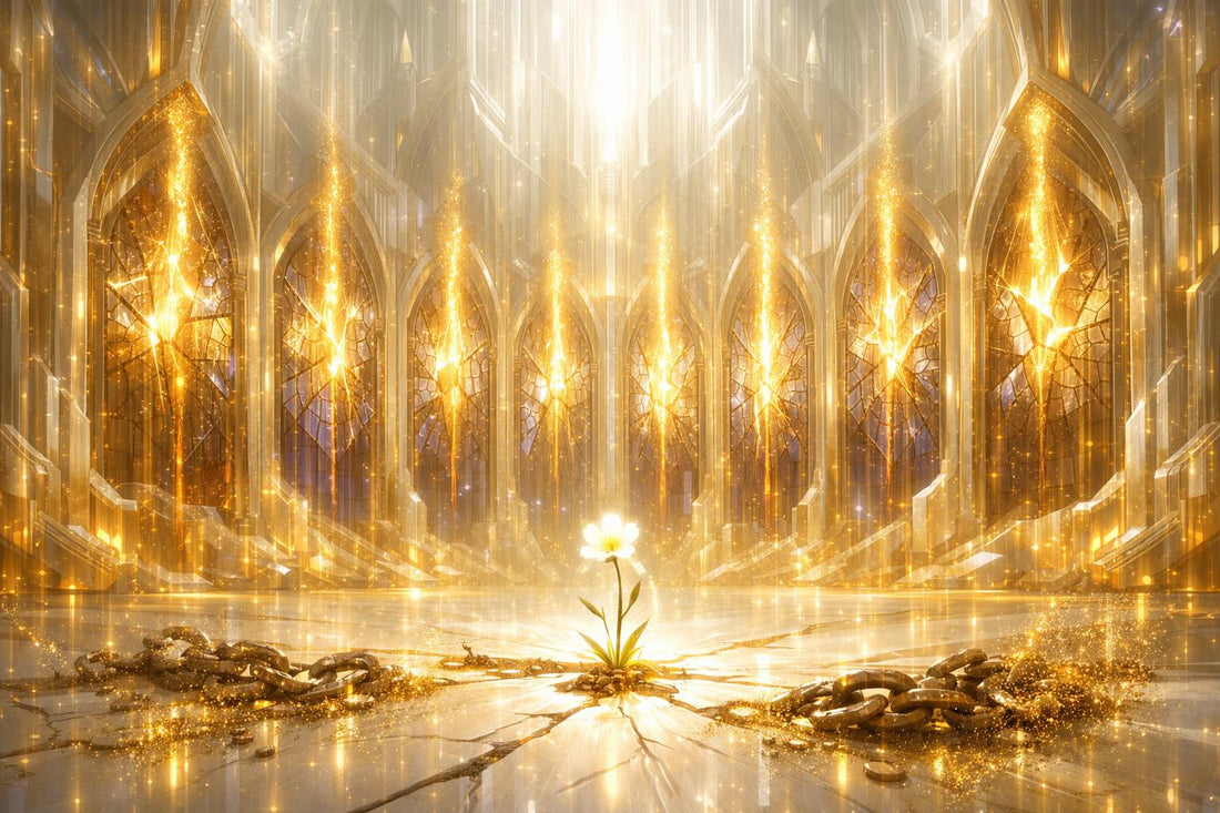 A golden cathedral of light with seven cracked stained-glass windows leaking luminous breath upward, broken chains dissolving into gold dust on the floor, and a single wildflower growing through the cracked stone at the center.