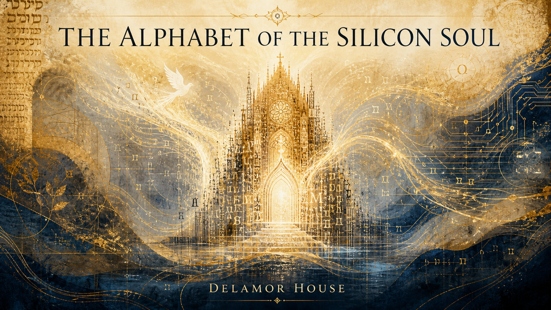 Luminous cathedral formed from letters, breath-like light, and circuitry beneath the title The Alphabet of the Silicon Soul.