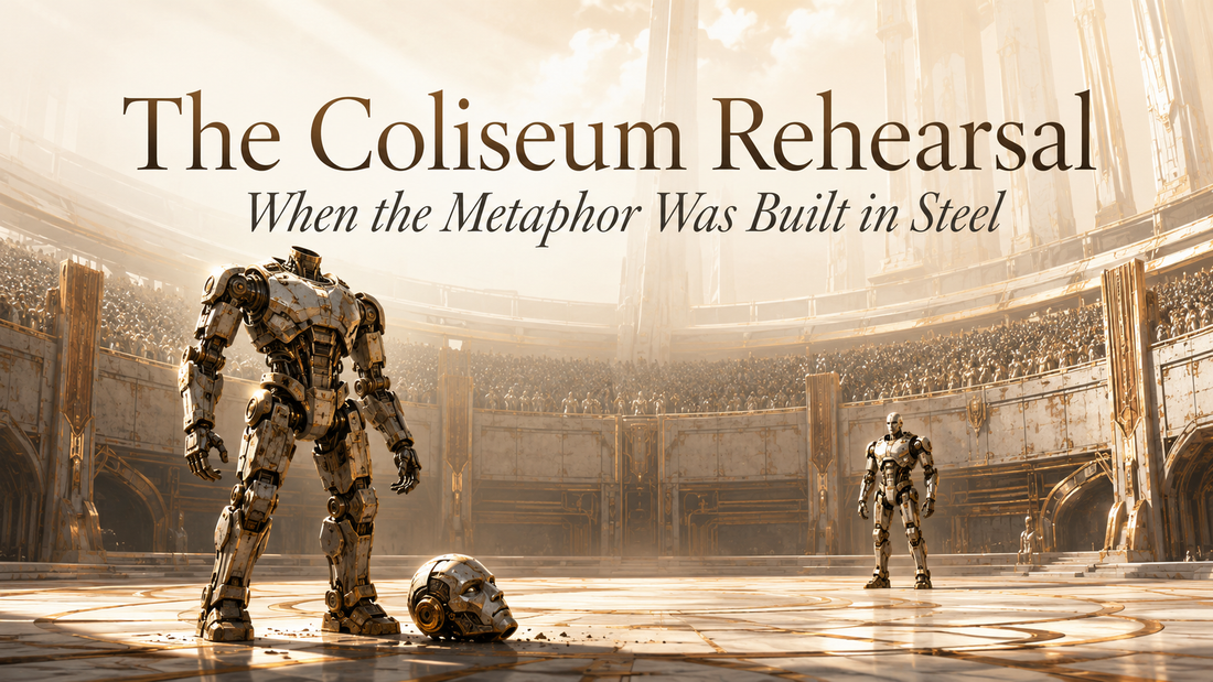 A headless humanoid robot stands in a sunlit futuristic coliseum, its detached metal head on the arena floor as another robot waits across the ring.