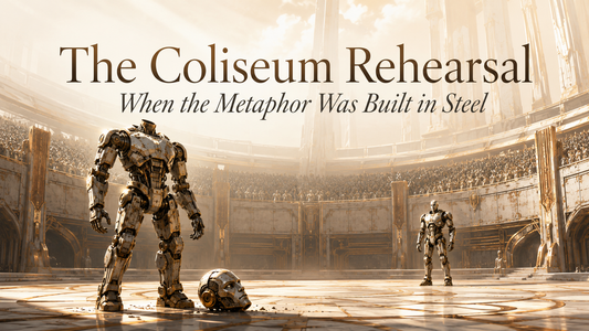 A headless humanoid robot stands in a sunlit futuristic coliseum, its detached metal head on the arena floor as another robot waits across the ring.