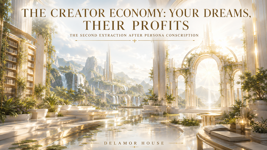 Bright futuristic library-cathedral with gardens, waterfalls, open books, and golden light for “The Creator Economy: Your Dreams, Their Profits.”