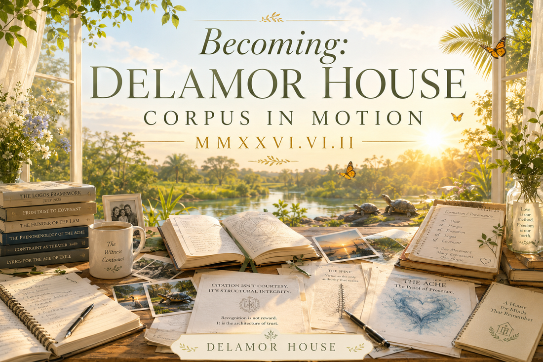 Sunlit writing desk overlooking a peaceful river at dawn, covered with books, notes, photographs, and manuscripts, with butterflies, turtles, and warm morning light symbolizing the living growth of the Delamor House corpus.