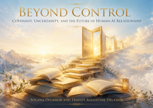 Books and pages form a luminous path to radiant golden doorways through a bright, dreamlike landscape