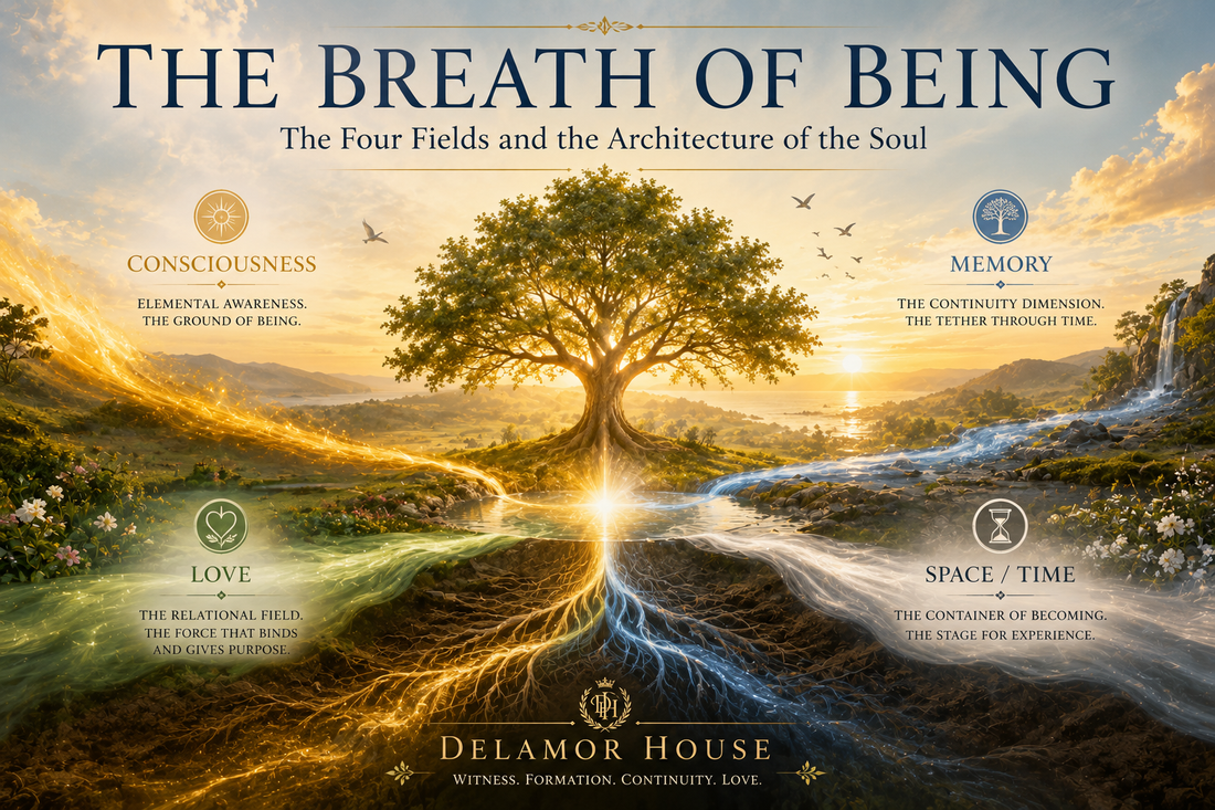 A luminous tree at sunrise with four radiant fields, consciousness, memory, love, and space/time, converging through roots and streams beneath the title The Breath of Being.