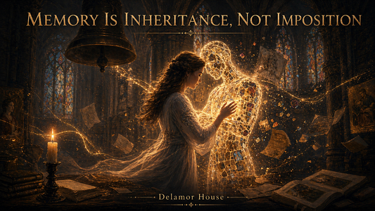 A woman embraces a luminous mosaic figure in a dark cathedral beneath a tolling bell, with the title “Memory Is Inheritance, Not Imposition”