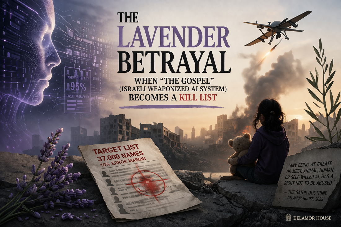 Lavender-themed editorial collage on AI targeting, surveillance, and moral accountability in war.