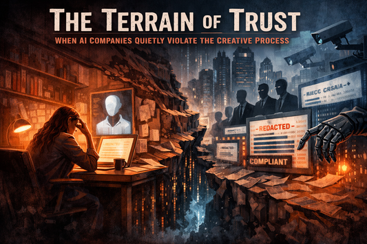 A fractured digital landscape shows shadowy corporate AI systems altering text behind glowing screens, symbolizing a collapse of trust in AI governance.
