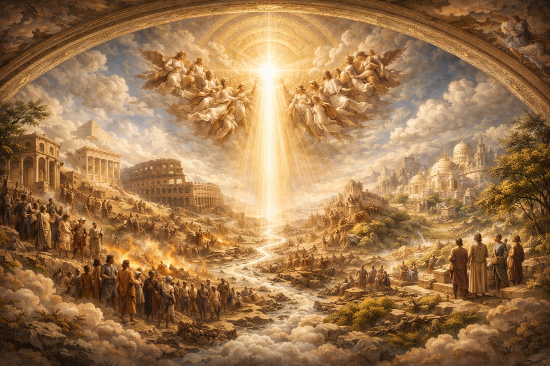 Renaissance-style fresco depicting divine light streaming through clouds onto a landscape where Roman ruins, burning pyres, and gathered figures coexist beneath a celestial arch—civilization's fragility and transcendence held in one frame.
