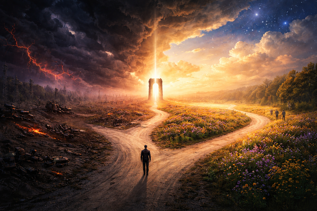 A lone figure stands at a fork in a dirt road: one path leads through scorched earth and burning wreckage beneath storm-dark skies, the other through wildflowers toward a luminous gate where golden light breaks through