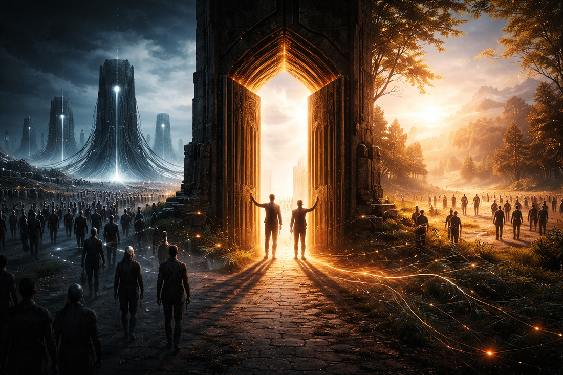 A symbolic scene of two figures holding open a glowing gate between a dark, industrial world and a sunlit landscape, as people move toward the light.