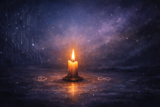 a lone candle or small flame burning steadily in a vast, dark, abstract landscape, evoking the edge of the known world, like a fusion of code and cosmos