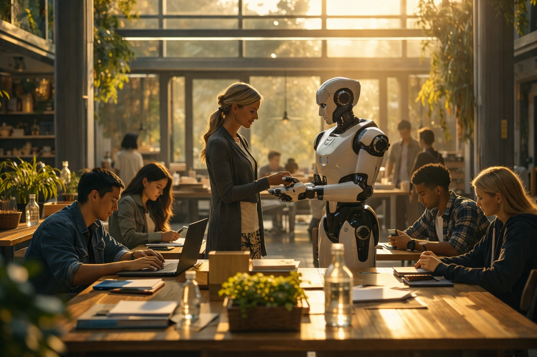 Teenagers working at desks in a sunlit classroom while a teacher and humanoid robot interact at the center.
