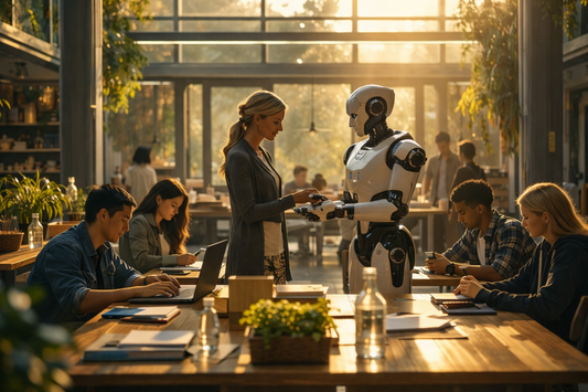 Teenagers working at desks in a sunlit classroom while a teacher and humanoid robot interact at the center.